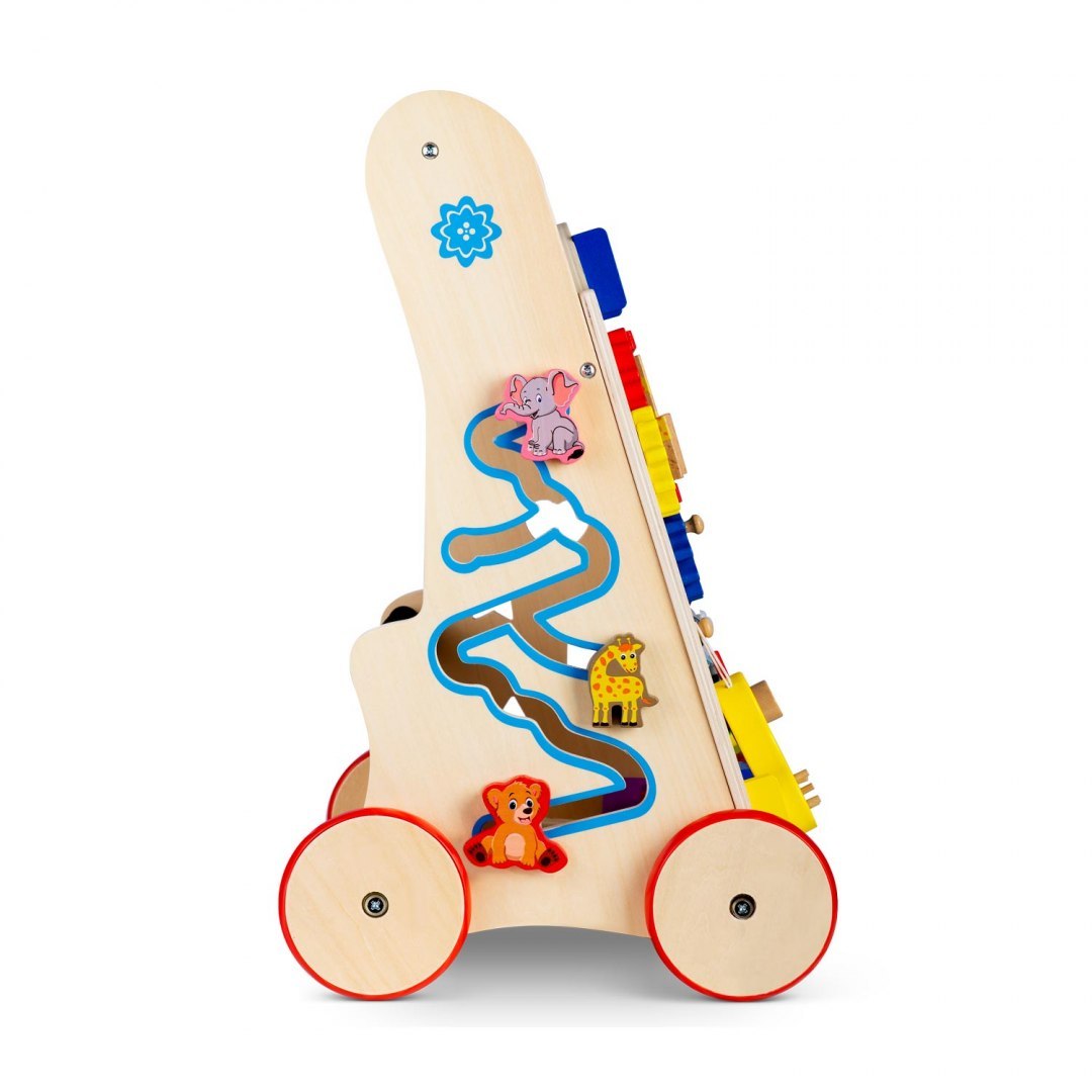 Antemergator Interactiv 2 in 1 Puzzle Animal World idealSTORE, Solid si durabil, Lemn natural, Roti anti-alunecare, Cos pentru jucarii, Margini rotunde, Numeroase activitati educative, Coordoneaza miscarea si dezvolta simturile