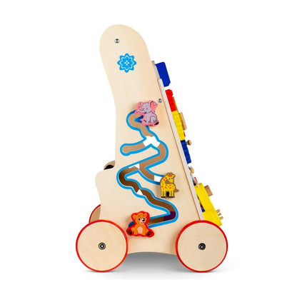 Antemergator Interactiv 2 in 1 Puzzle Animal World idealSTORE, Solid si durabil, Lemn natural, Roti anti-alunecare, Cos pentru jucarii, Margini rotunde, Numeroase activitati educative, Coordoneaza miscarea si dezvolta simturile