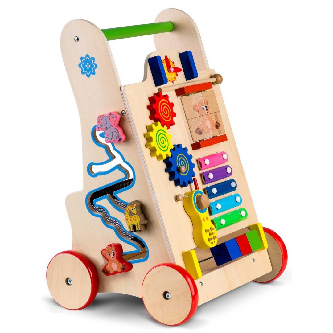 Antemergator Interactiv 2 in 1 Puzzle Animal World idealSTORE, Solid si durabil, Lemn natural, Roti anti-alunecare, Cos pentru jucarii, Margini rotunde, Numeroase activitati educative, Coordoneaza miscarea si dezvolta simturile