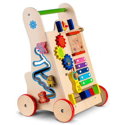 Antemergator Interactiv 2 in 1 Puzzle Animal World idealSTORE, Solid si durabil, Lemn natural, Roti anti-alunecare, Cos pentru jucarii, Margini rotunde, Numeroase activitati educative, Coordoneaza miscarea si dezvolta simturile