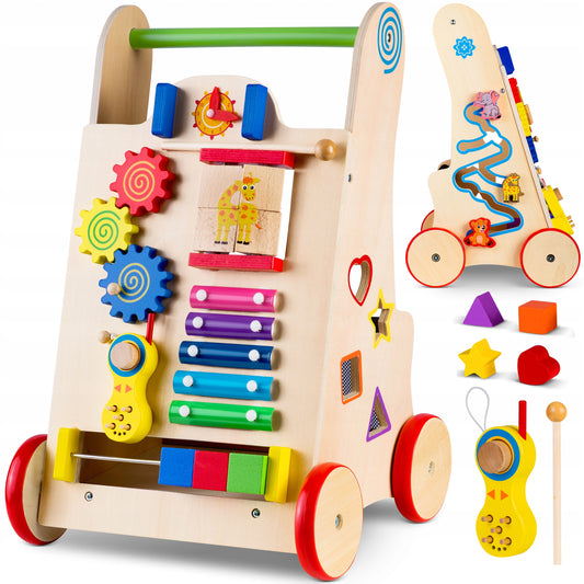 Antemergator Interactiv 2 in 1 Puzzle Animal World idealSTORE, Solid si durabil, Lemn natural, Roti anti-alunecare, Cos pentru jucarii, Margini rotunde, Numeroase activitati educative, Coordoneaza miscarea si dezvolta simturile