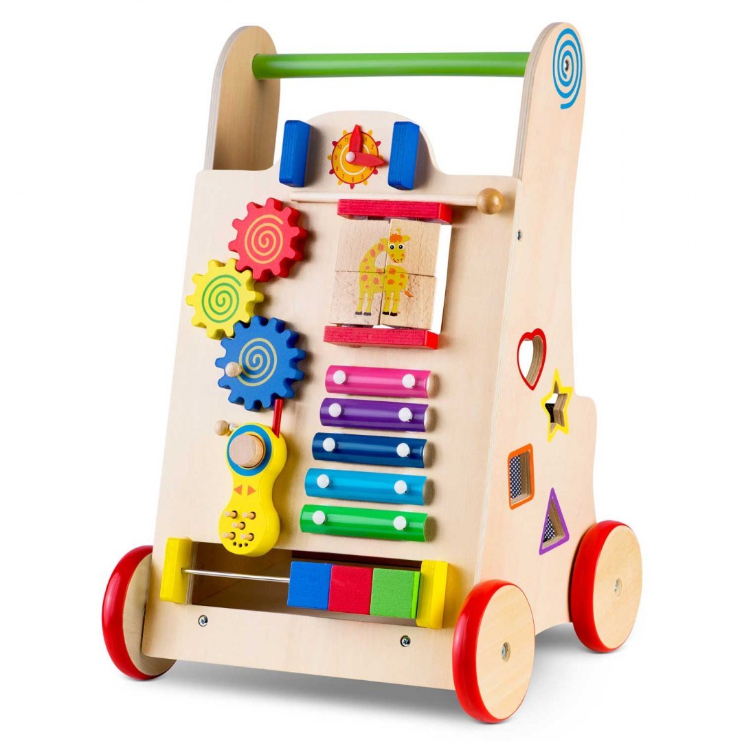 Antemergator Interactiv 2 in 1 Puzzle Animal World idealSTORE, Solid si durabil, Lemn natural, Roti anti-alunecare, Cos pentru jucarii, Margini rotunde, Numeroase activitati educative, Coordoneaza miscarea si dezvolta simturile