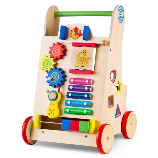 Antemergator Interactiv 2 in 1 Puzzle Animal World idealSTORE, Solid si durabil, Lemn natural, Roti anti-alunecare, Cos pentru jucarii, Margini rotunde, Numeroase activitati educative, Coordoneaza miscarea si dezvolta simturile