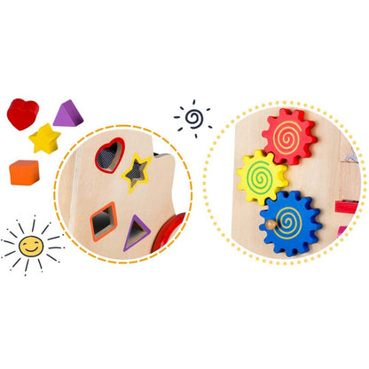 Antemergator Interactiv 2 in 1 Puzzle Animal World idealSTORE, Solid si durabil, Lemn natural, Roti anti-alunecare, Cos pentru jucarii, Margini rotunde, Numeroase activitati educative, Coordoneaza miscarea si dezvolta simturile