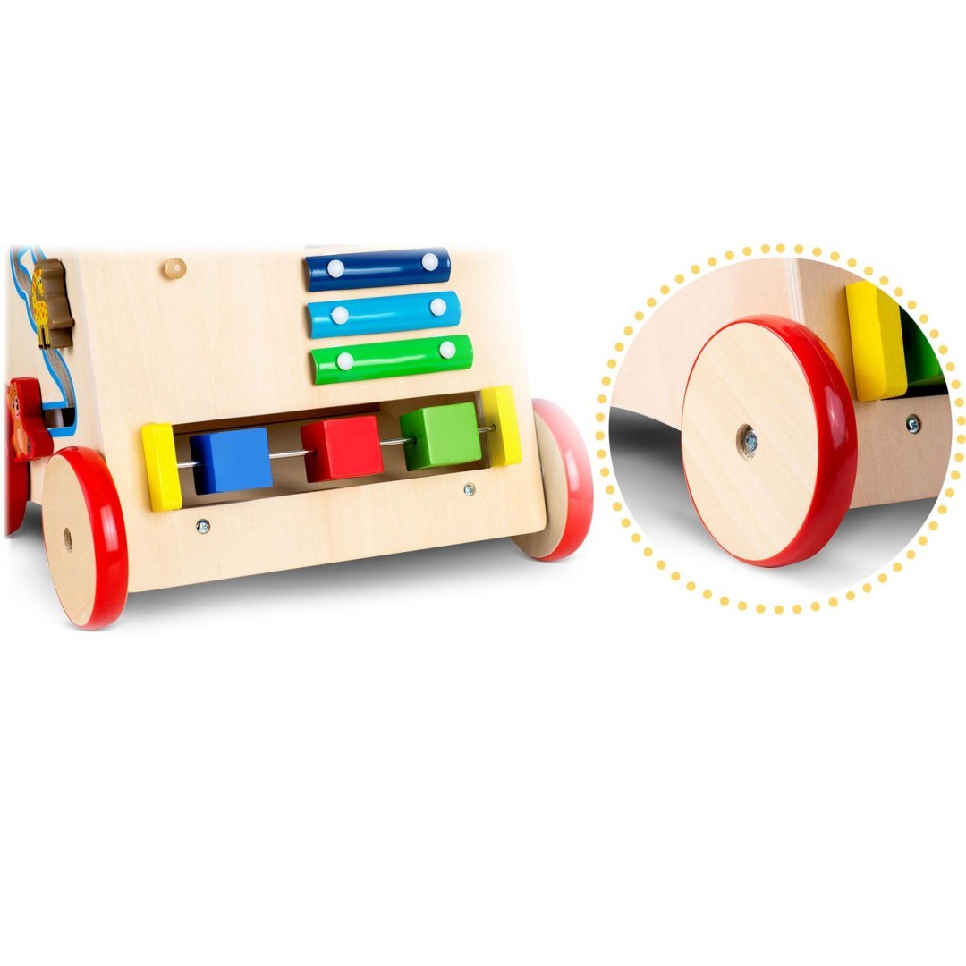 Antemergator Interactiv 2 in 1 Puzzle Animal World idealSTORE, Solid si durabil, Lemn natural, Roti anti-alunecare, Cos pentru jucarii, Margini rotunde, Numeroase activitati educative, Coordoneaza miscarea si dezvolta simturile