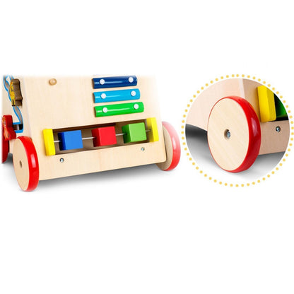 Antemergator Interactiv 2 in 1 Puzzle Animal World idealSTORE, Solid si durabil, Lemn natural, Roti anti-alunecare, Cos pentru jucarii, Margini rotunde, Numeroase activitati educative, Coordoneaza miscarea si dezvolta simturile