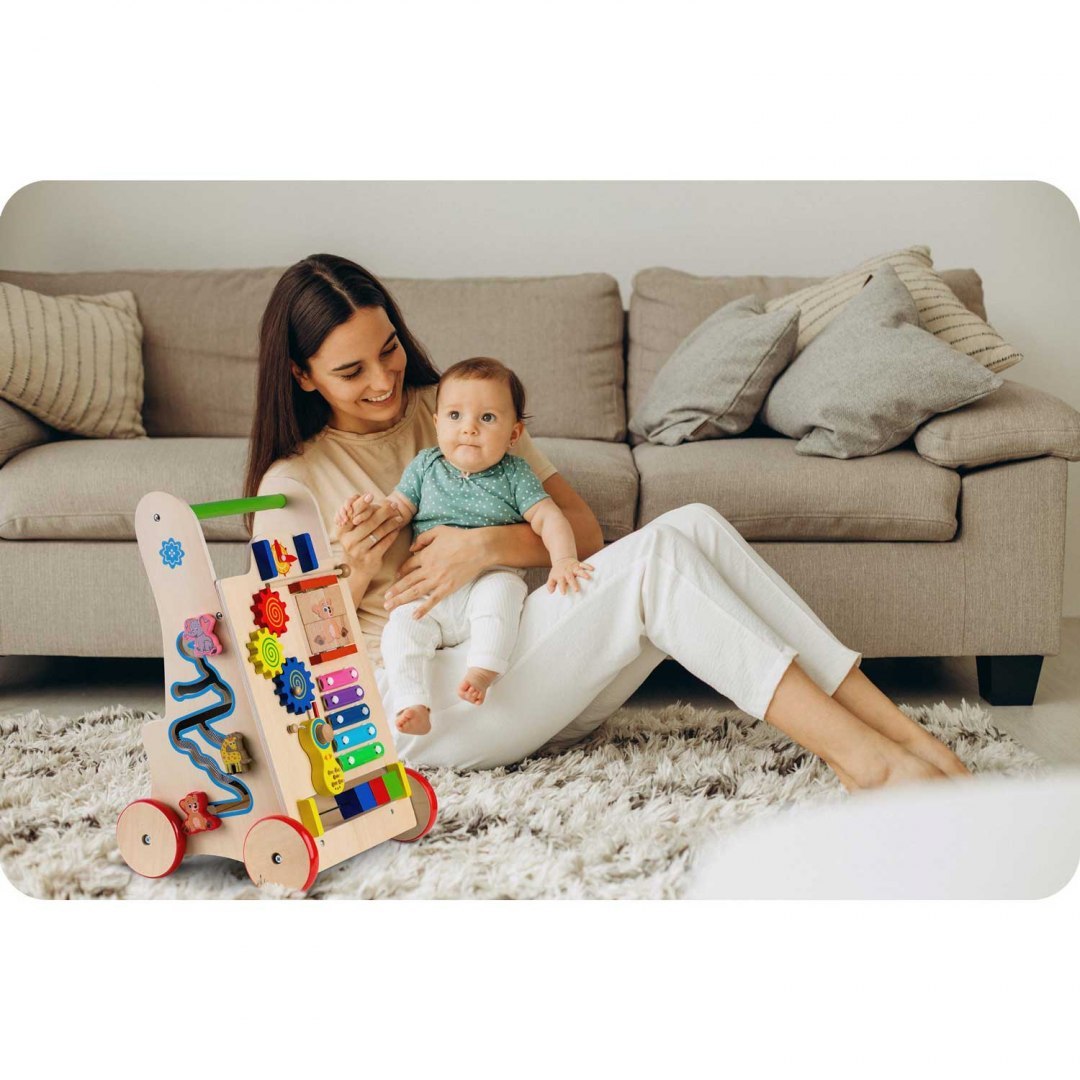 Antemergator Interactiv 2 in 1 Puzzle Animal World idealSTORE, Solid si durabil, Lemn natural, Roti anti-alunecare, Cos pentru jucarii, Margini rotunde, Numeroase activitati educative, Coordoneaza miscarea si dezvolta simturile