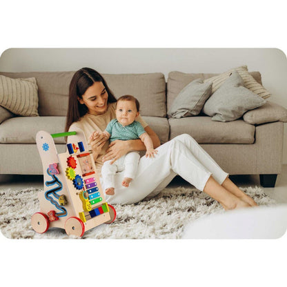 Antemergator Interactiv 2 in 1 Puzzle Animal World idealSTORE, Solid si durabil, Lemn natural, Roti anti-alunecare, Cos pentru jucarii, Margini rotunde, Numeroase activitati educative, Coordoneaza miscarea si dezvolta simturile