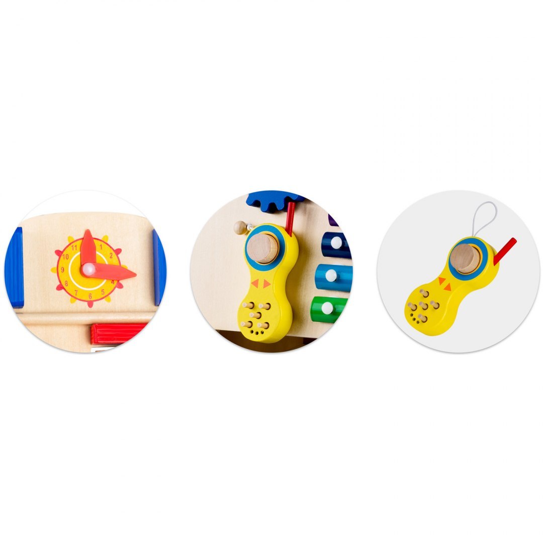 Antemergator Interactiv 2 in 1 Puzzle Animal World idealSTORE, Solid si durabil, Lemn natural, Roti anti-alunecare, Cos pentru jucarii, Margini rotunde, Numeroase activitati educative, Coordoneaza miscarea si dezvolta simturile