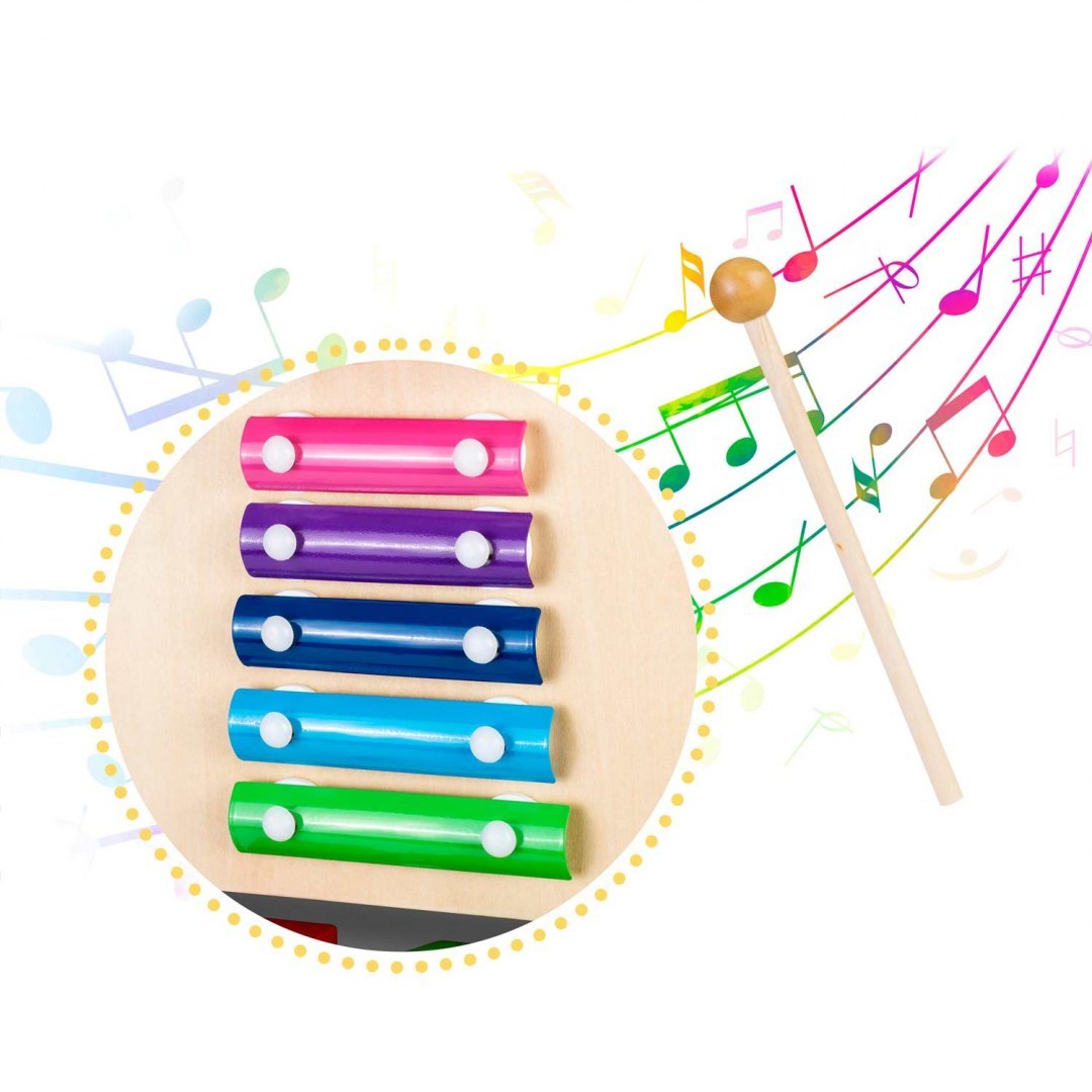 Antemergator Interactiv 2 in 1 Puzzle Animal World idealSTORE, Solid si durabil, Lemn natural, Roti anti-alunecare, Cos pentru jucarii, Margini rotunde, Numeroase activitati educative, Coordoneaza miscarea si dezvolta simturile