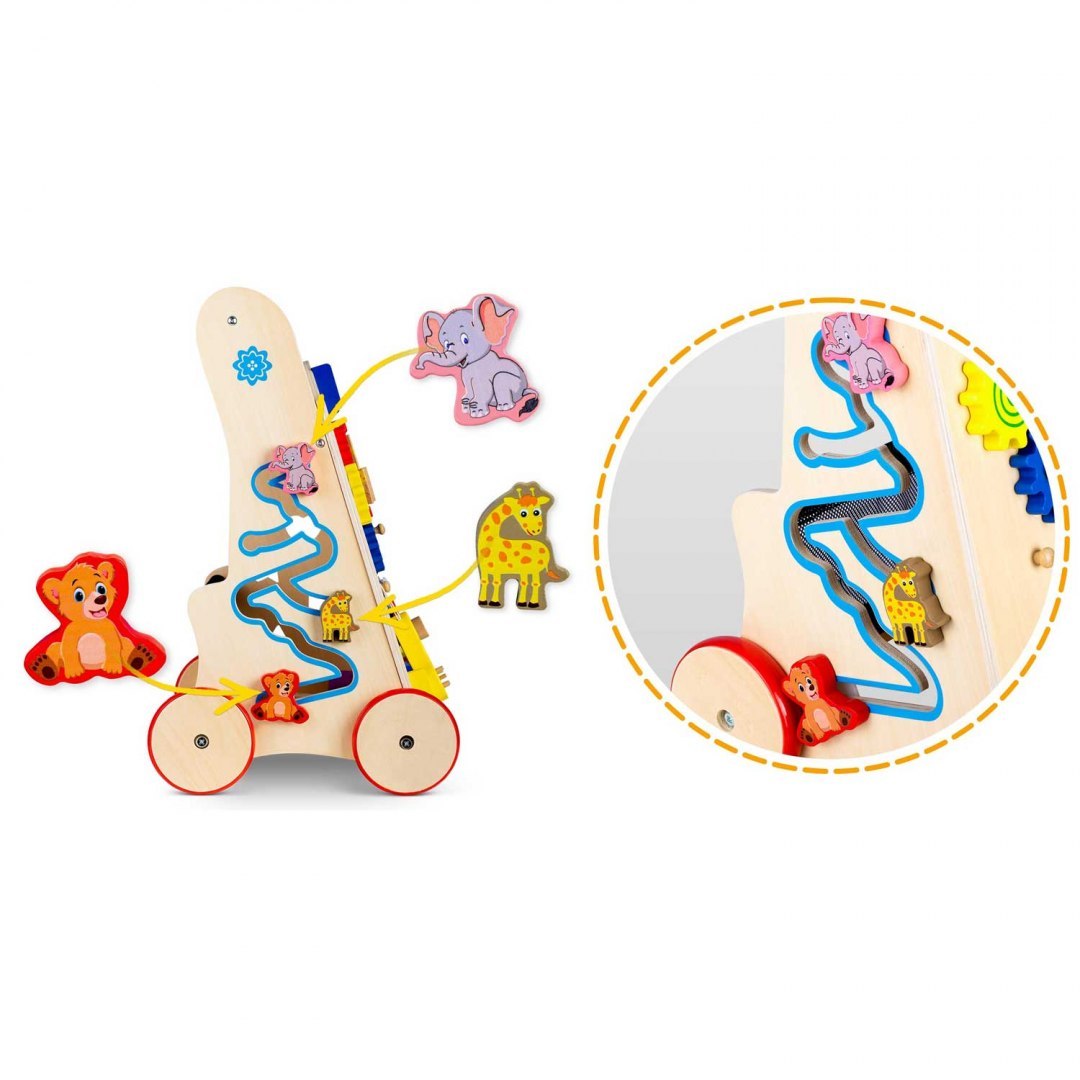 Antemergator Interactiv 2 in 1 Puzzle Animal World idealSTORE, Solid si durabil, Lemn natural, Roti anti-alunecare, Cos pentru jucarii, Margini rotunde, Numeroase activitati educative, Coordoneaza miscarea si dezvolta simturile