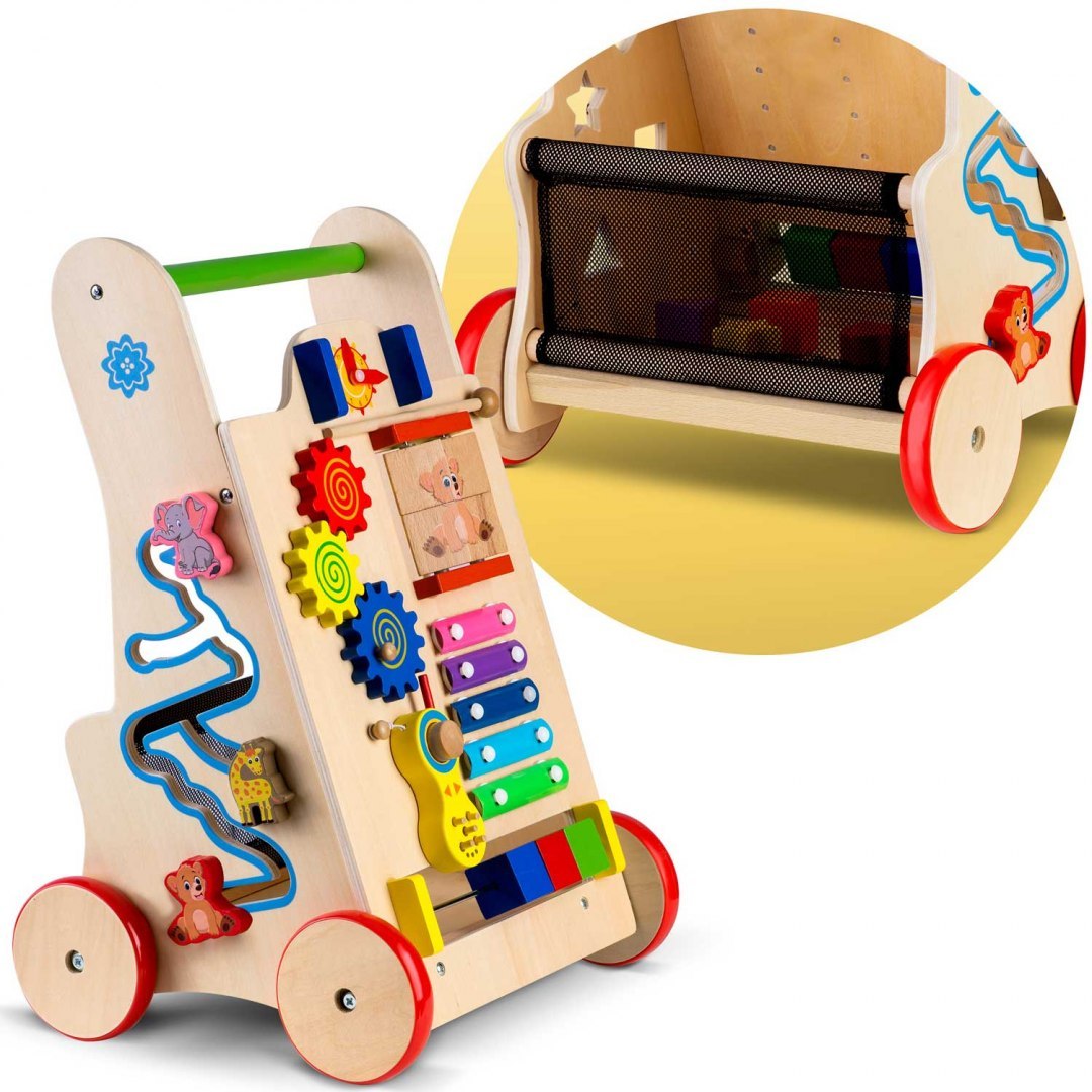 Antemergator Interactiv 2 in 1 Puzzle Animal World idealSTORE, Solid si durabil, Lemn natural, Roti anti-alunecare, Cos pentru jucarii, Margini rotunde, Numeroase activitati educative, Coordoneaza miscarea si dezvolta simturile