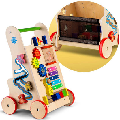 Antemergator Interactiv 2 in 1 Puzzle Animal World idealSTORE, Solid si durabil, Lemn natural, Roti anti-alunecare, Cos pentru jucarii, Margini rotunde, Numeroase activitati educative, Coordoneaza miscarea si dezvolta simturile