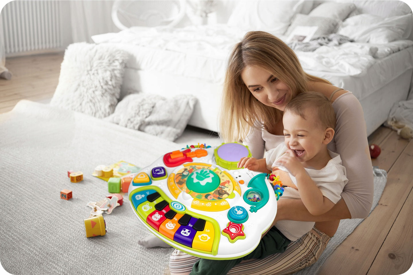 Masuta Interactiva Muzicala idealSTORE, Include Pian cu Diverse Melodii, Microfon, Panou Detasabil, Baterie Reincarcabila, Conectare cu Telefon prin Bluetooth, Volum Reglabil, Dezvolta Imaginatia Copilului