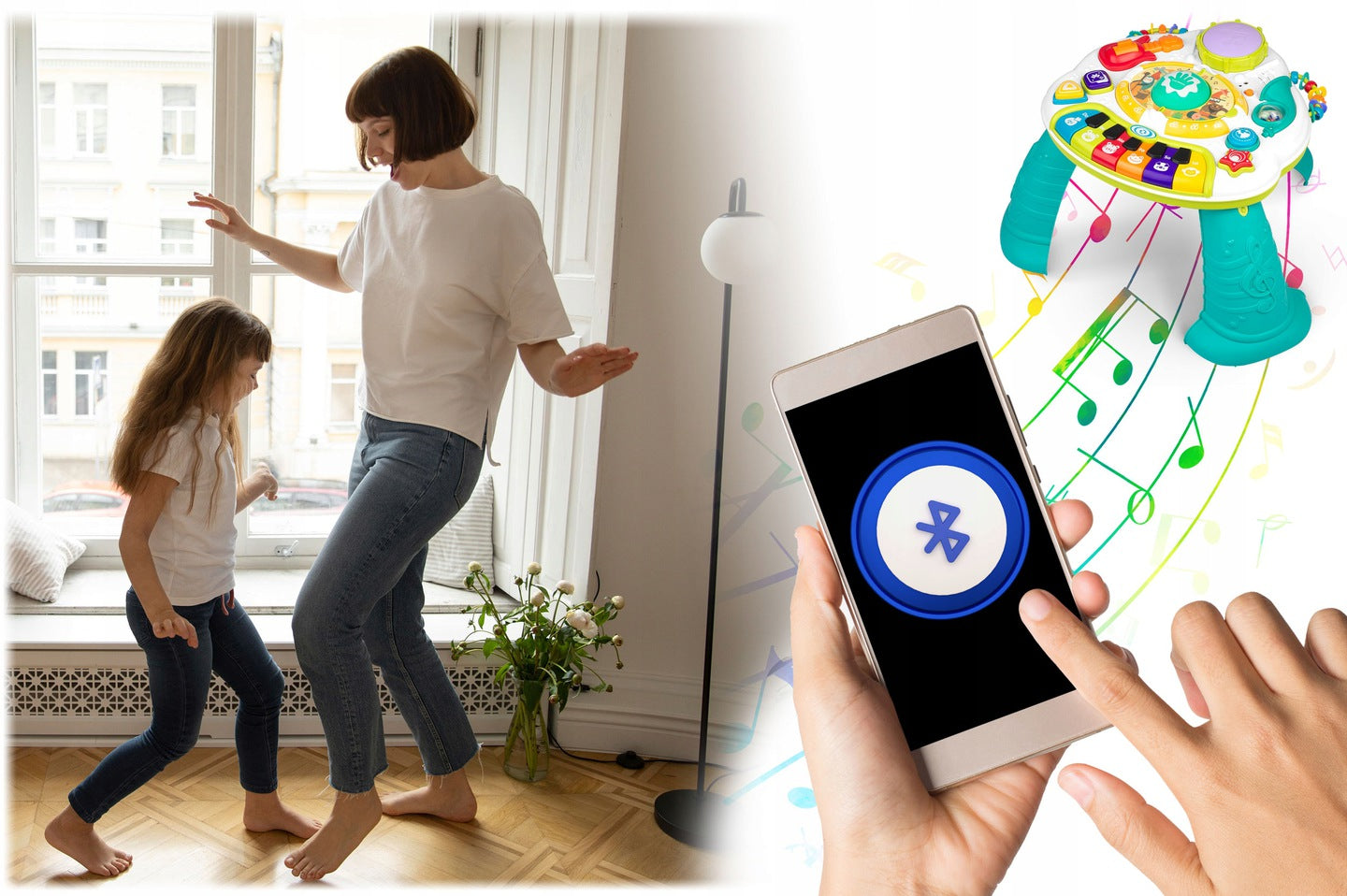 Masuta Interactiva Muzicala idealSTORE, Include Pian cu Diverse Melodii, Microfon, Panou Detasabil, Baterie Reincarcabila, Conectare cu Telefon prin Bluetooth, Volum Reglabil, Dezvolta Imaginatia Copilului