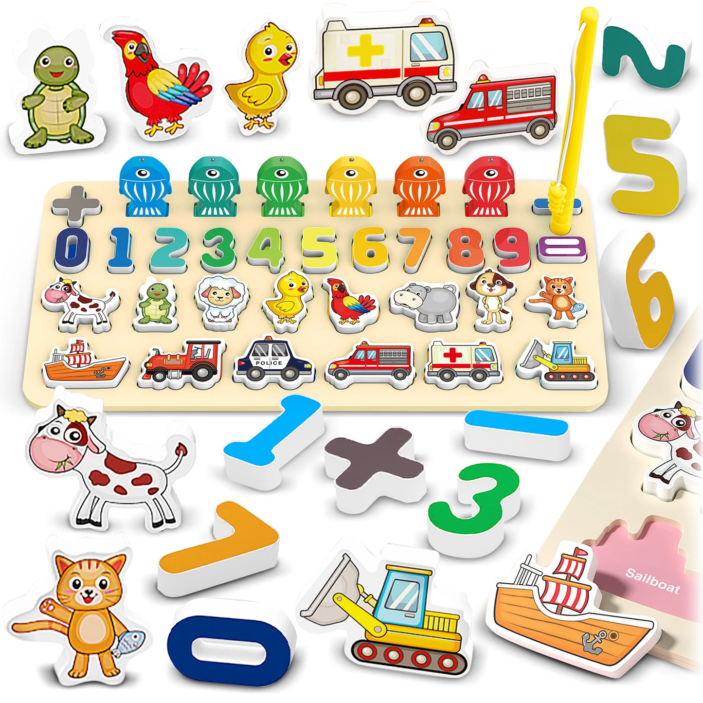 Tablita educativa FUNNY LEARN IdealStore, Centru de activitati 7 in 1, Doua fete pentru desenat, Pesti, Undita pentru pescuit, Cifre, Litere, Animale, Vehicule, Ajuta la dezvoltarea senzoriala a copilului