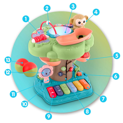 Jucarie educativa pentru Copii, In forma de Copac MUSICAL MONKEY IdealStore, Volum pe 2 trepte, Mini Pian cu melodii, Cifre, Litere si Animale, Contine 2 bile pentru tobogan, Panou muzical luminous, Multicolor