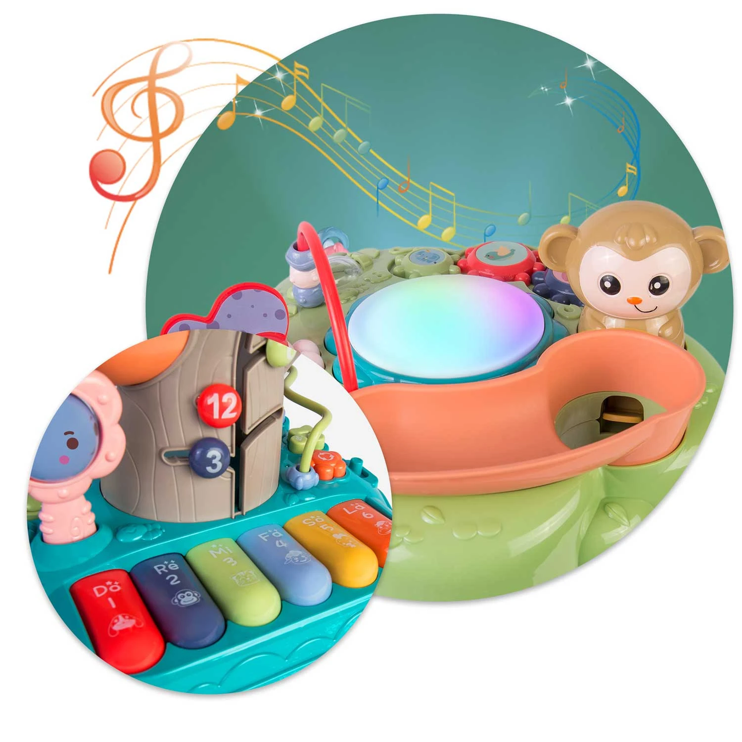 Jucarie educativa pentru Copii, In forma de Copac MUSICAL MONKEY IdealStore, Volum pe 2 trepte, Mini Pian cu melodii, Cifre, Litere si Animale, Contine 2 bile pentru tobogan, Panou muzical luminous, Multicolor