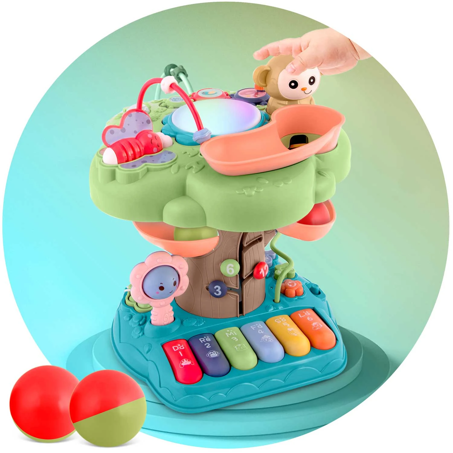 Jucarie educativa pentru Copii, In forma de Copac MUSICAL MONKEY IdealStore, Volum pe 2 trepte, Mini Pian cu melodii, Cifre, Litere si Animale, Contine 2 bile pentru tobogan, Panou muzical luminous, Multicolor