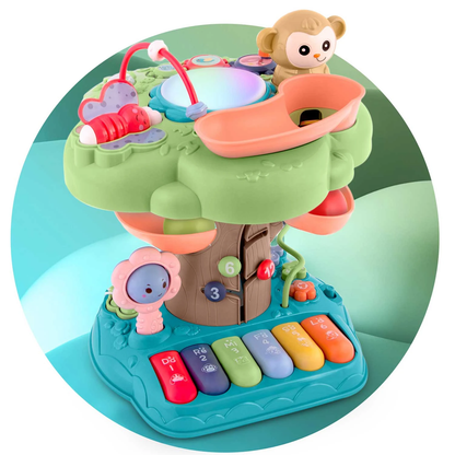 Jucarie educativa pentru Copii, In forma de Copac MUSICAL MONKEY IdealStore, Volum pe 2 trepte, Mini Pian cu melodii, Cifre, Litere si Animale, Contine 2 bile pentru tobogan, Panou muzical luminous, Multicolor