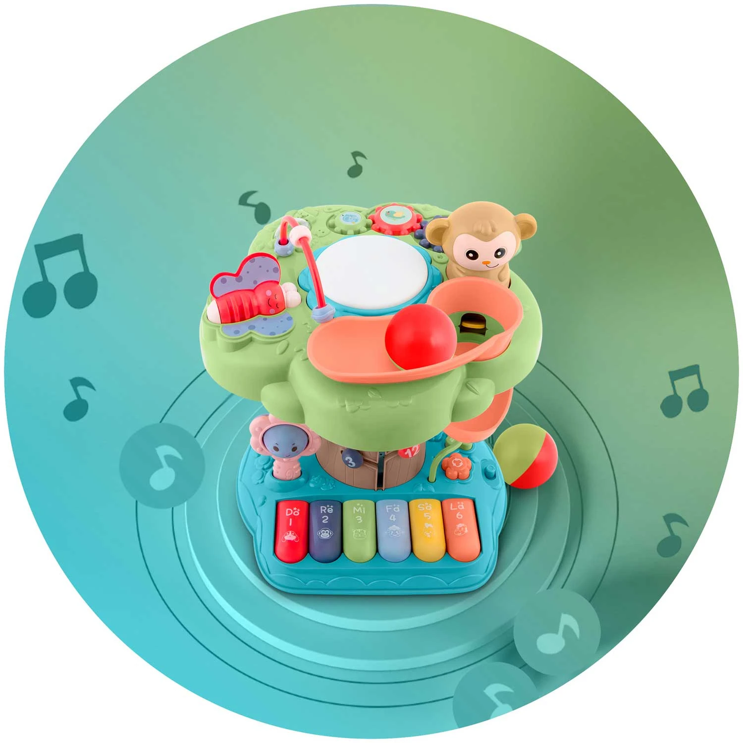 Jucarie educativa pentru Copii, In forma de Copac MUSICAL MONKEY IdealStore, Volum pe 2 trepte, Mini Pian cu melodii, Cifre, Litere si Animale, Contine 2 bile pentru tobogan, Panou muzical luminous, Multicolor
