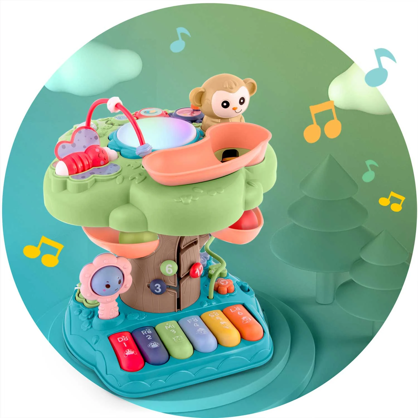 Jucarie educativa pentru Copii, In forma de Copac MUSICAL MONKEY IdealStore, Volum pe 2 trepte, Mini Pian cu melodii, Cifre, Litere si Animale, Contine 2 bile pentru tobogan, Panou muzical luminous, Multicolor
