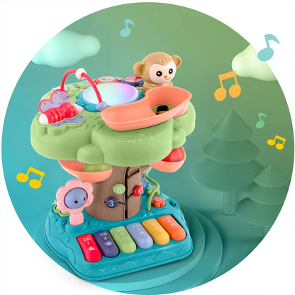 Jucarie educativa pentru Copii, In forma de Copac MUSICAL MONKEY IdealStore, Volum pe 2 trepte, Mini Pian cu melodii, Cifre, Litere si Animale, Contine 2 bile pentru tobogan, Panou muzical luminous, Multicolor
