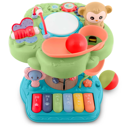 Jucarie educativa pentru Copii, In forma de Copac MUSICAL MONKEY IdealStore, Volum pe 2 trepte, Mini Pian cu melodii, Cifre, Litere si Animale, Contine 2 bile pentru tobogan, Panou muzical luminous, Multicolor