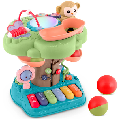 Jucarie educativa pentru Copii, In forma de Copac MUSICAL MONKEY IdealStore, Volum pe 2 trepte, Mini Pian cu melodii, Cifre, Litere si Animale, Contine 2 bile pentru tobogan, Panou muzical luminous, Multicolor