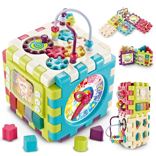 Cub educativ tip Puzzle Children World IdealStore, Elemente mobile cu diverse activitati, Panou musical cu clape colorate, Labirint pentru bile, Sortare forme geometrice, Ceas, Mecanism cu roti zimtate, Culoare Multicolor