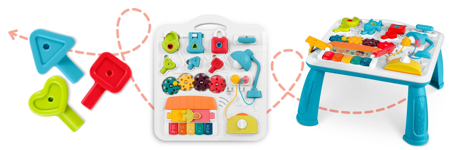 Masuta Interactiva Muzicala 5in1 idealSTORE, Include Pian Colarat cu Diverse Sunete, Panou Detasabil, Lampa Intermitenta cu Sunet, Volum Reglabil, Dezvolta Imaginatia Copilului