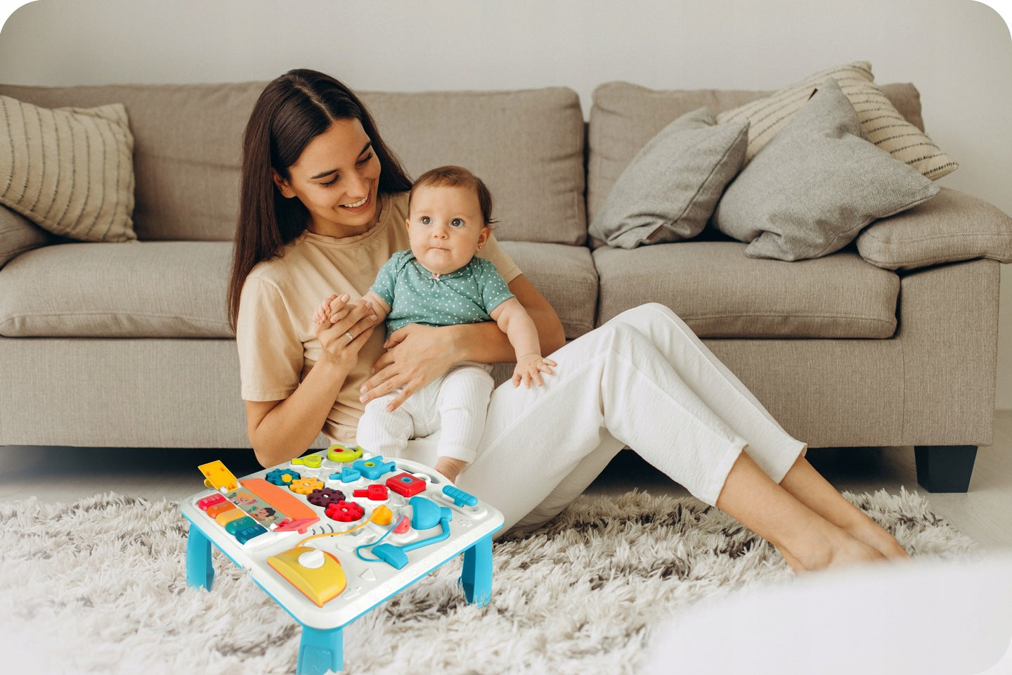 Masuta Interactiva Muzicala 5in1 idealSTORE, Include Pian Colarat cu Diverse Sunete, Panou Detasabil, Lampa Intermitenta cu Sunet, Volum Reglabil, Dezvolta Imaginatia Copilului