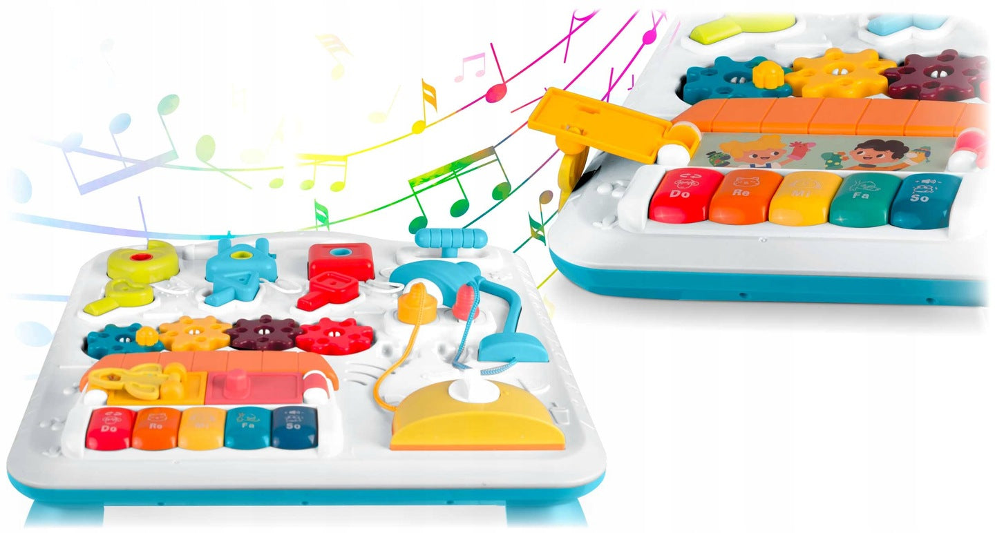 Masuta Interactiva Muzicala 5in1 idealSTORE, Include Pian Colarat cu Diverse Sunete, Panou Detasabil, Lampa Intermitenta cu Sunet, Volum Reglabil, Dezvolta Imaginatia Copilului