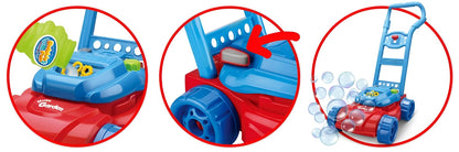 Aparat de facut Balonase de Sapun Happy Child IdealStore, Stil Masina de Tuns Iarba, Ideala Pentru Copii, Dezvolta Abilitatile Motorii si Coordonarea, Dimensiune 24x31x48 cm, Culoare Albastru-Rosu