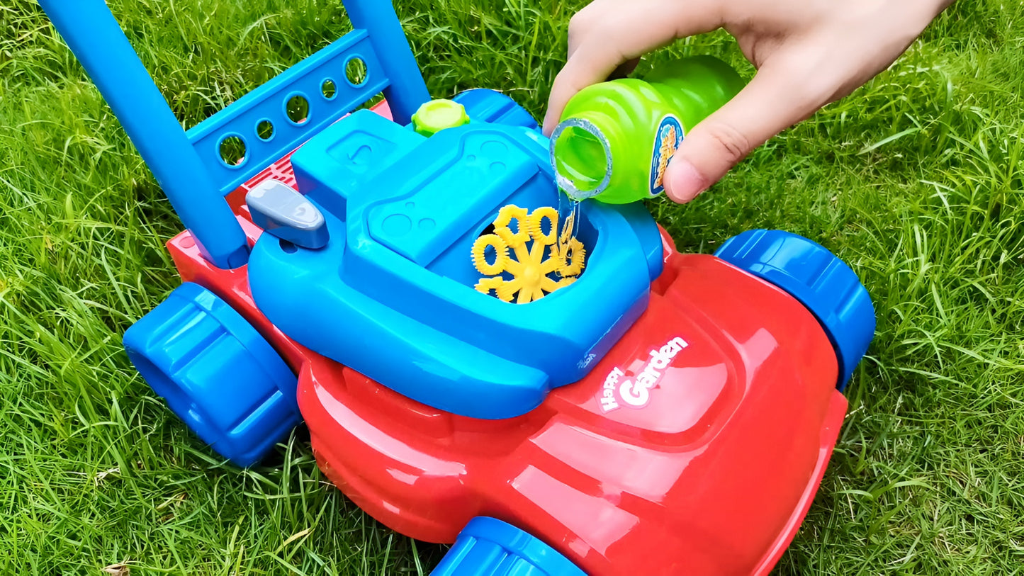 Aparat de facut Balonase de Sapun Happy Child IdealStore, Stil Masina de Tuns Iarba, Ideala Pentru Copii, Dezvolta Abilitatile Motorii si Coordonarea, Dimensiune 24x31x48 cm, Culoare Albastru-Rosu