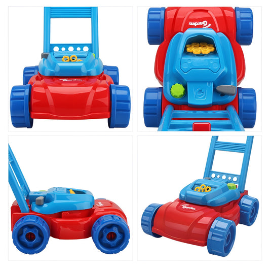 Aparat de facut Balonase de Sapun Happy Child IdealStore, Stil Masina de Tuns Iarba, Ideala Pentru Copii, Dezvolta Abilitatile Motorii si Coordonarea, Dimensiune 24x31x48 cm, Culoare Albastru-Rosu