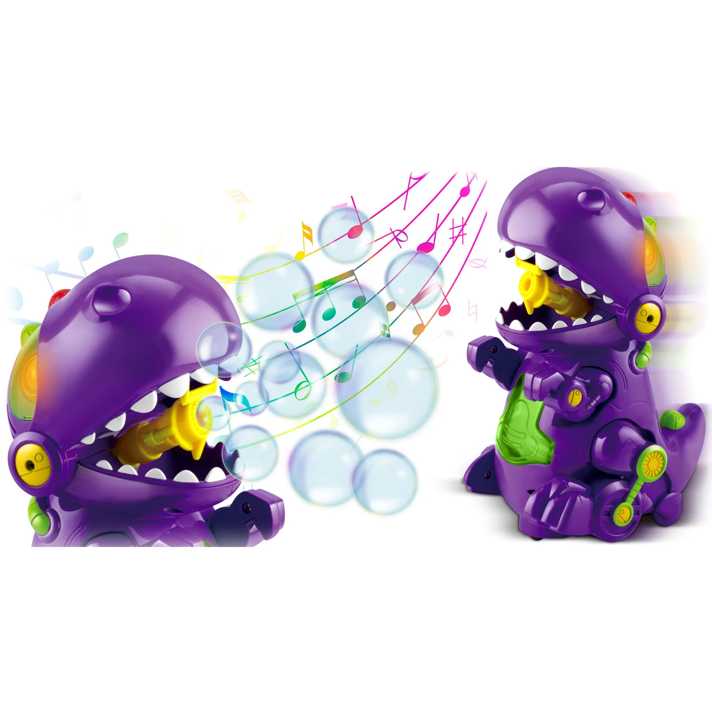 Aparat de facut baloane din sapun Bubble Dino Idealstore in forma de dinozaur, Din plastic, Dimensiune 11.5 X 16 X 21 cm, Lumineaza, Reda melodii si se Plimba, Solutie din sapun inclusa in pachet, Ideal pentru o zi distractiva de vara