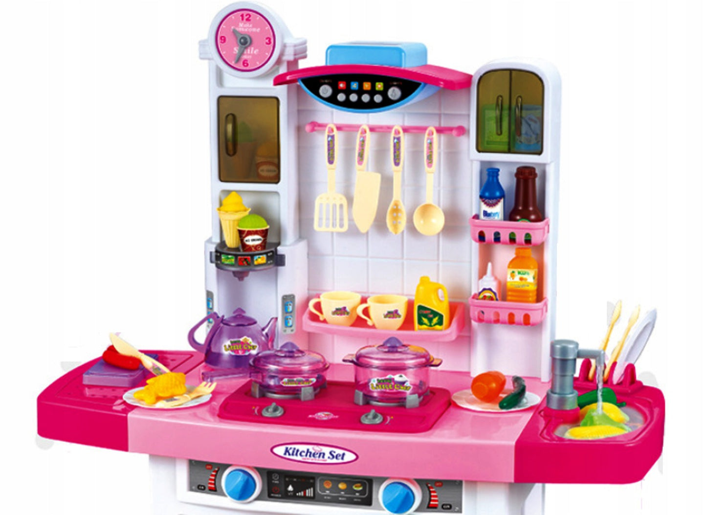 Bucatarie MULTIFUNCTIONALA IDL Candy Pink, 95 CM Inaltime, Efecte luminoase si sonore, Dotata cu accesorii simbolice: aragaz, frigider, cuptor, vesela, produse alimentare care SPORESC dezvoltarea ABILITATILOR de gospodar a orcarui copil, Roz