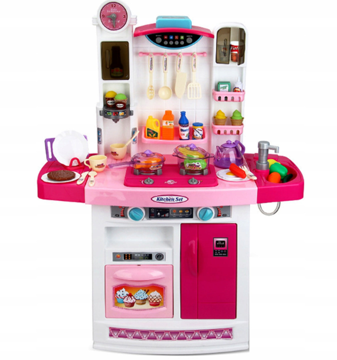 Bucatarie MULTIFUNCTIONALA IDL Candy Pink, 95 CM Inaltime, Efecte luminoase si sonore, Dotata cu accesorii simbolice: aragaz, frigider, cuptor, vesela, produse alimentare care SPORESC dezvoltarea ABILITATILOR de gospodar a orcarui copil, Roz