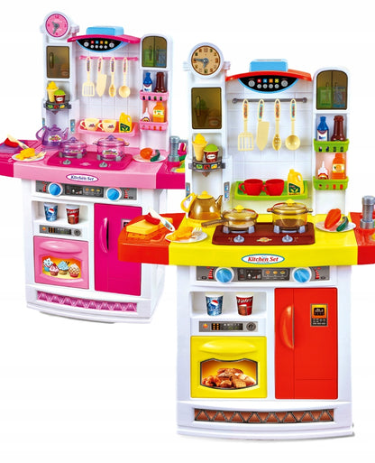 Bucatarie MULTIFUNCTIONALA IDL Candy Pink, 95 CM Inaltime, Efecte luminoase si sonore, Dotata cu accesorii simbolice: aragaz, frigider, cuptor, vesela, produse alimentare care SPORESC dezvoltarea ABILITATILOR de gospodar a orcarui copil, Roz