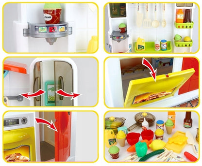 Bucatarie MULTIFUNCTIONALA IDL Candy Pink, 95 CM Inaltime, Efecte luminoase si sonore, Dotata cu accesorii simbolice: aragaz, frigider, cuptor, vesela, produse alimentare care SPORESC dezvoltarea ABILITATILOR de gospodar a orcarui copil, Roz