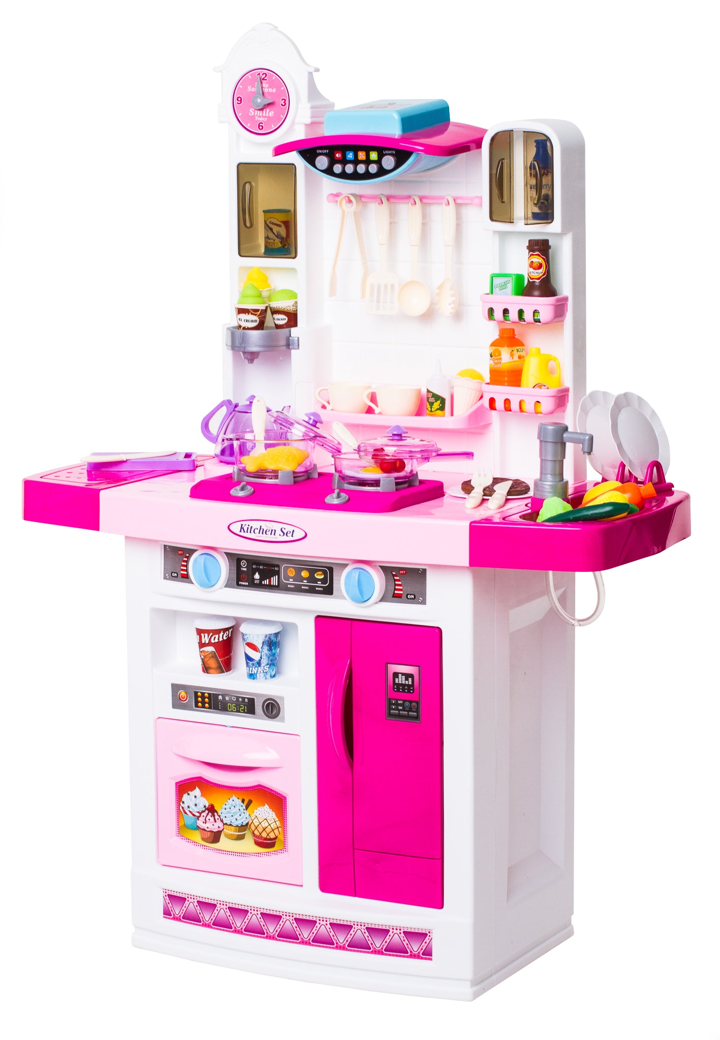 Bucatarie MULTIFUNCTIONALA IDL Candy Pink, 95 CM Inaltime, Efecte luminoase si sonore, Dotata cu accesorii simbolice: aragaz, frigider, cuptor, vesela, produse alimentare care SPORESC dezvoltarea ABILITATILOR de gospodar a orcarui copil, Roz