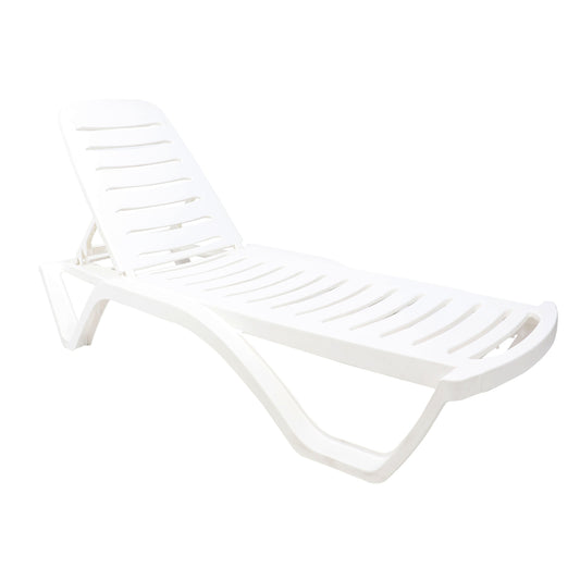 Sezlong Plaja idealStore, Structura Plastic, Polipropilena, Rezistent la Soc, Talpi de Asezare, Spatar Reglabil, Alb, 200 x 72 x 31 cm
