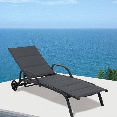 Sezlong Plaja idealStore, Structura Aluminiu, Spatar Reglabil, 2 Roti, Gri Inchis, 193x70x30/92.5 cm