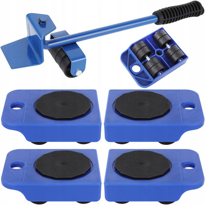 Set Mutare si Transport Mobilier idealStore MovingKit, contine 4 Suporti cu 8 roti, Levier din Otel cu Maner Cauciucat, Greutate maxima 150 Kg