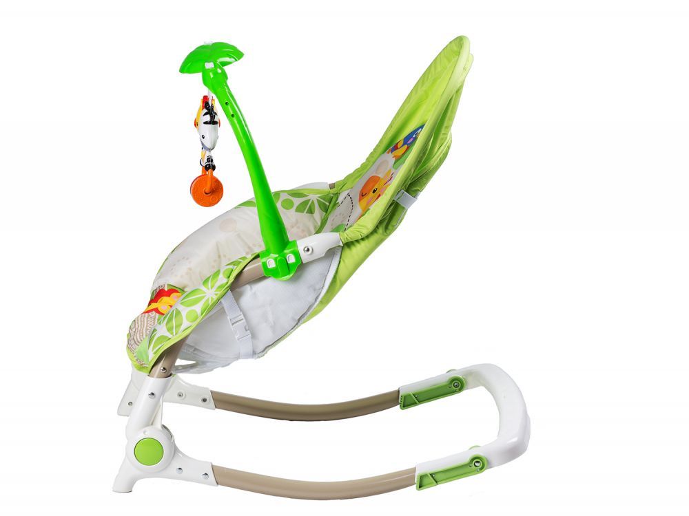 Balansoar IDL Junior Jungle cu Vibratii si Muzica, Culoare Verde-Alb, Material Moale pentru un confort sporit, Rezistenta indelungata, Accesorizat cu jucarii