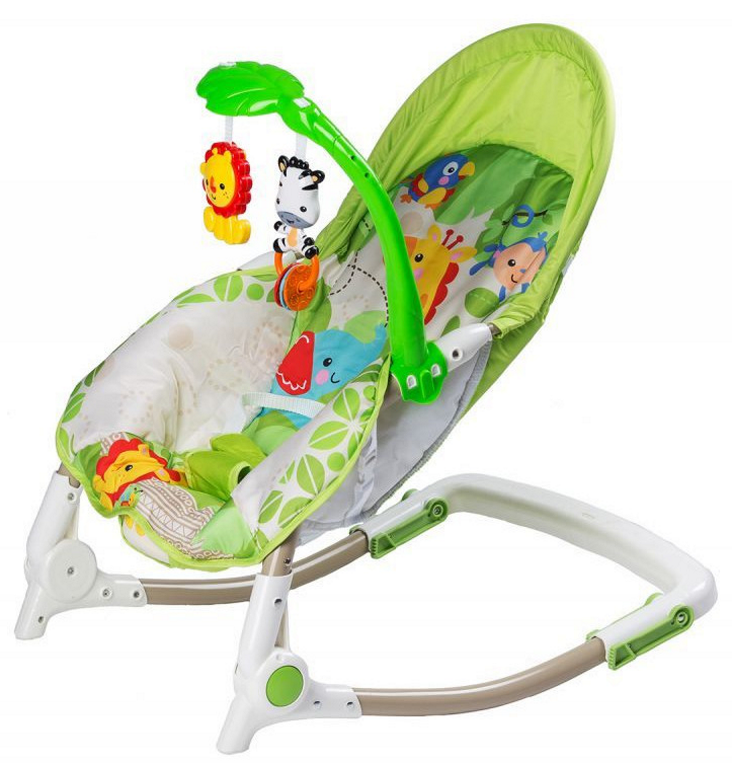 Balansoar IDL Junior Jungle cu Vibratii si Muzica, Culoare Verde-Alb, Material Moale pentru un confort sporit, Rezistenta indelungata, Accesorizat cu jucarii