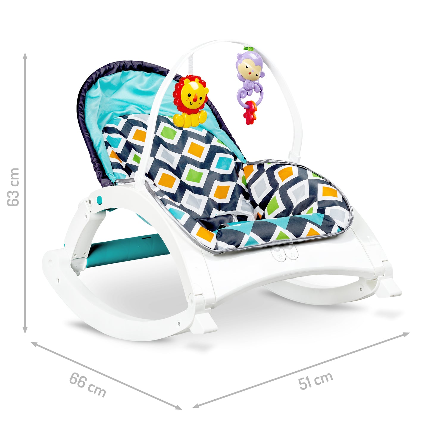Balansoar 3in1 IDL Junior Pro Sleep cu Modul Calmare si Melodii, Culoare Alb-Turcoaz, Material Moale pentru un confort sporit, Rezistenta indelungata, Accesorizat cu jucarii