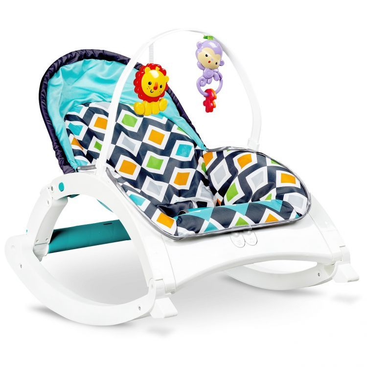 Balansoar 3in1 IDL Junior Pro Sleep cu Modul Calmare si Melodii, Culoare Alb-Turcoaz, Material Moale pentru un confort sporit, Rezistenta indelungata, Accesorizat cu jucarii