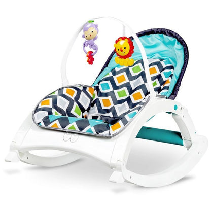 Balansoar 3in1 IDL Junior Pro Sleep cu Modul Calmare si Melodii, Culoare Alb-Turcoaz, Material Moale pentru un confort sporit, Rezistenta indelungata, Accesorizat cu jucarii